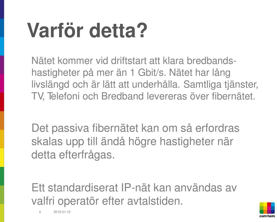 Samtliga tjänster, TV, Telefoni och Bredband levereras över fibernätet.