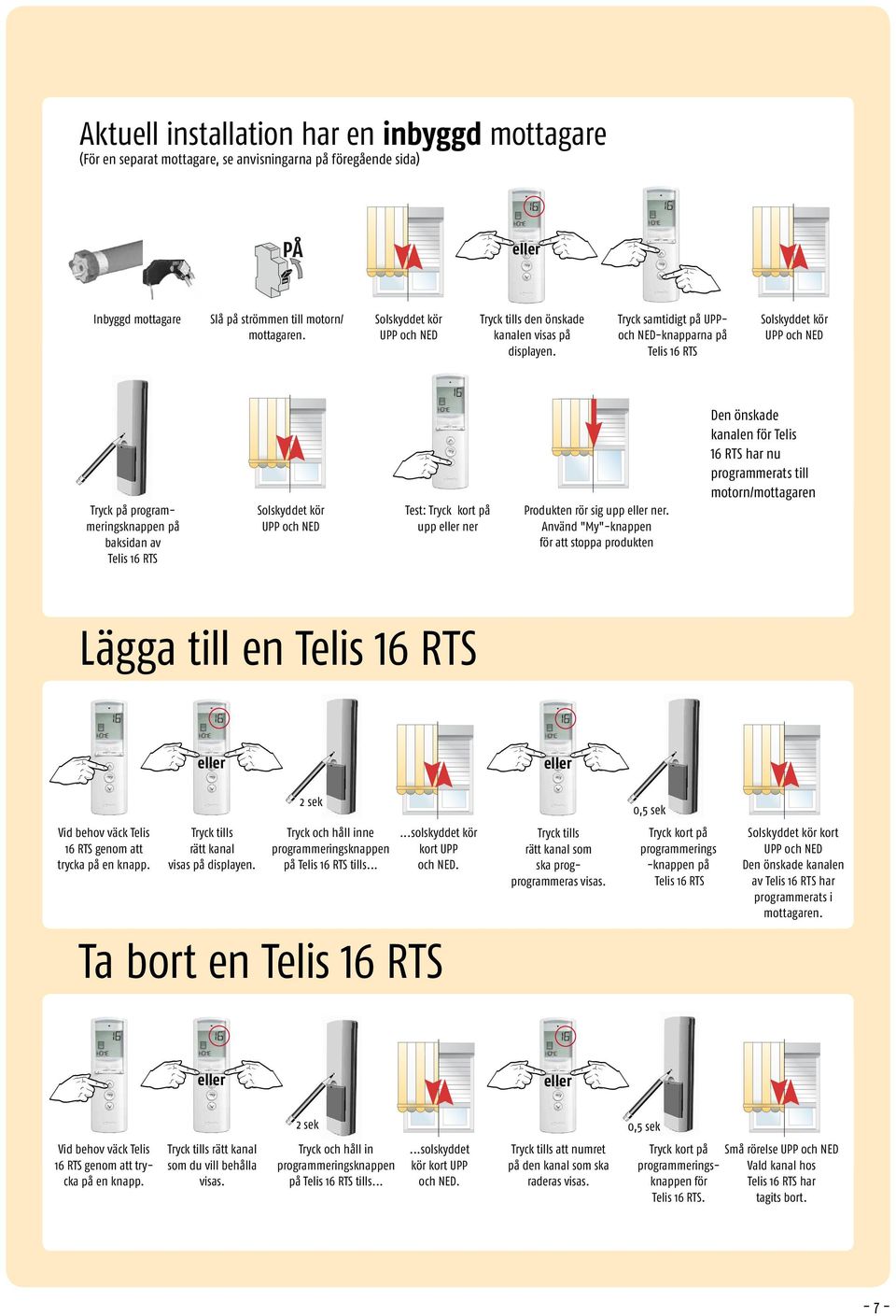 Tryck samtidigt på UPPoch NED-knapparna på Telis 16 RTS Solskyddet kör UPP och NED Den önskade kanalen för Telis 16 RTS har nu programmerats till motorn/mottagaren Solskyddet kör UPP och NED Tryck på