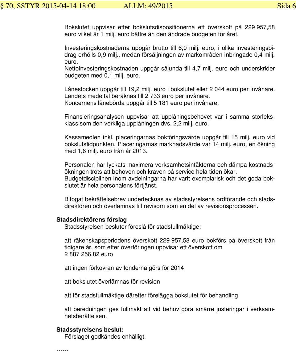 euro och underskrider budgeten med 0,1 milj. euro. Lånestocken uppgår till 19,2 milj. euro i bokslutet eller 2 044 euro per invånare. Landets medeltal beräknas till 2 733 euro per invånare.
