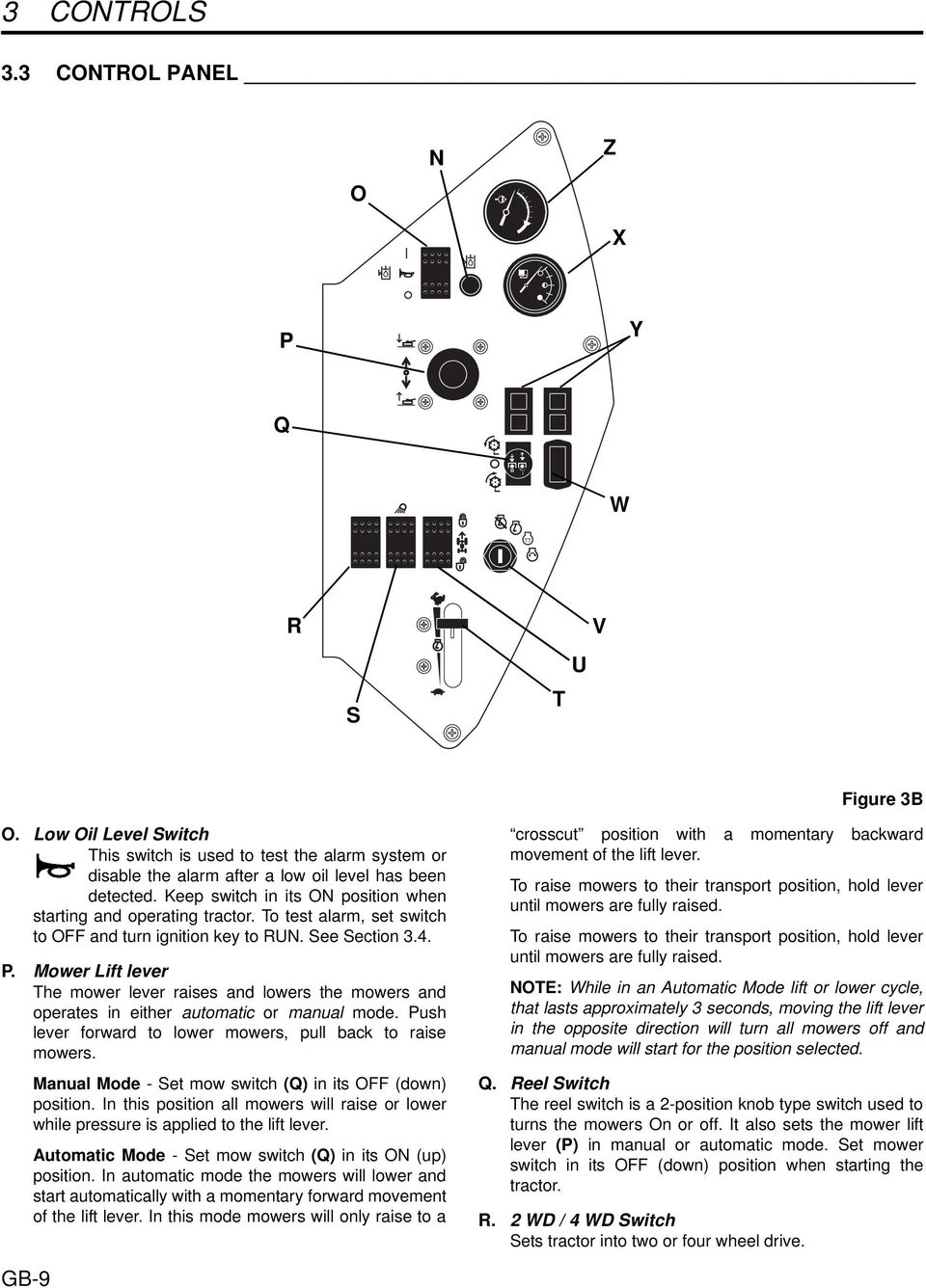 Mower Lift lever The mower lever raises and lowers the mowers and operates in either automatic or manual mode. Push lever forward to lower mowers, pull back to raise mowers.