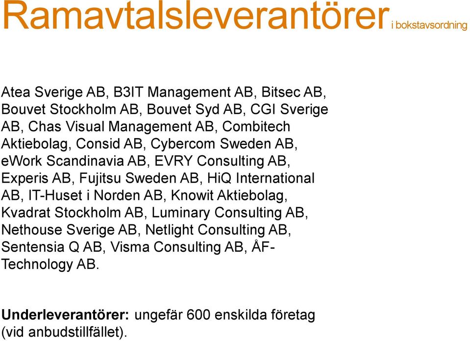 Sweden AB, HiQ International AB, IT-Huset i Norden AB, Knowit Aktiebolag, Kvadrat Stockholm AB, Luminary Consulting AB, Nethouse Sverige AB,