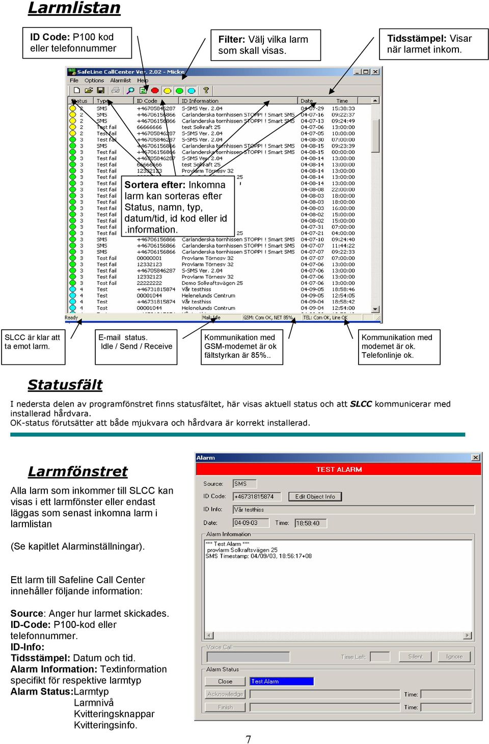 Idle / Send / Receive Kommunikation med GSM-modemet är ok fältstyrkan är 85%.. Kommunikation med modemet är ok. Telefonlinje ok.