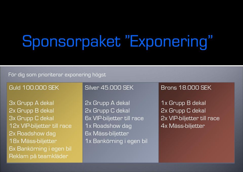 Mäss-biljetter 6x Bankörning i egen bil Reklam på teamkläder Silver 45.