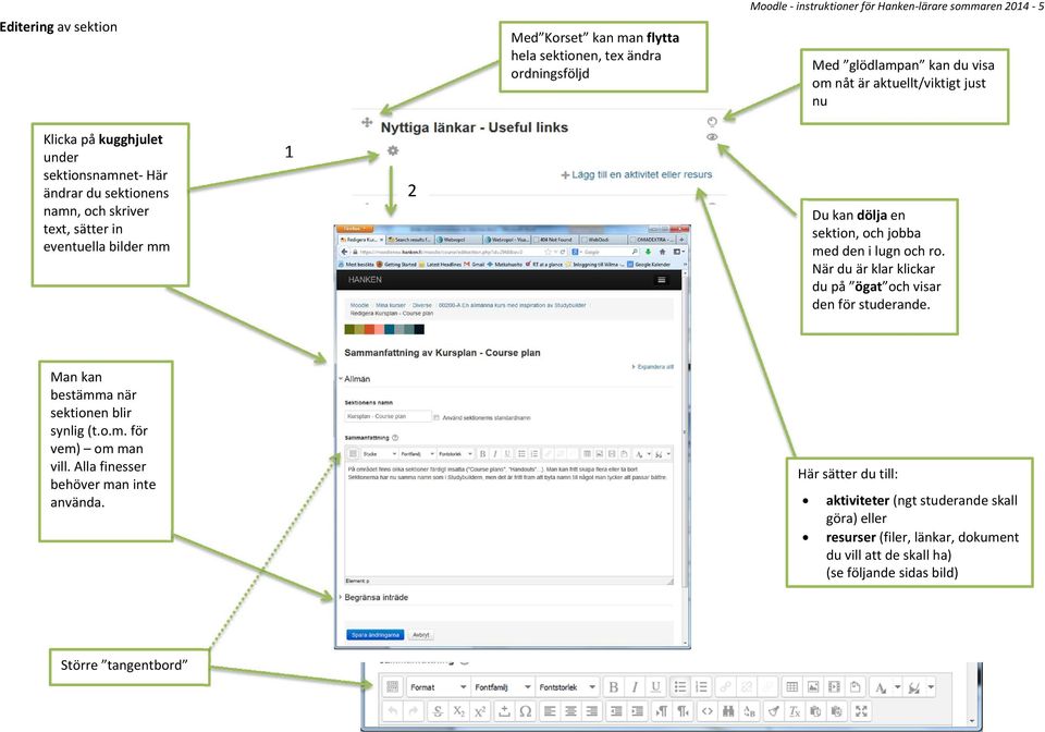 jobba med den i lugn och ro. När du är klar klickar du på ögat och visar den för studerande. Man kan bestämma när sektionen blir synlig (t.o.m. för vem) om man vill.