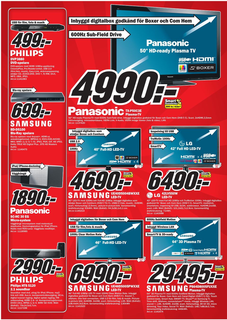 nr:1141083 Blu-ray spelare T-P50C3E Plasma-TV 50" HD-ready Plasma-TV med 600Hz Sub-Field drive. Inbyggd digitalbox godkänd för Boxer och Com Hem (DVB-T/C).