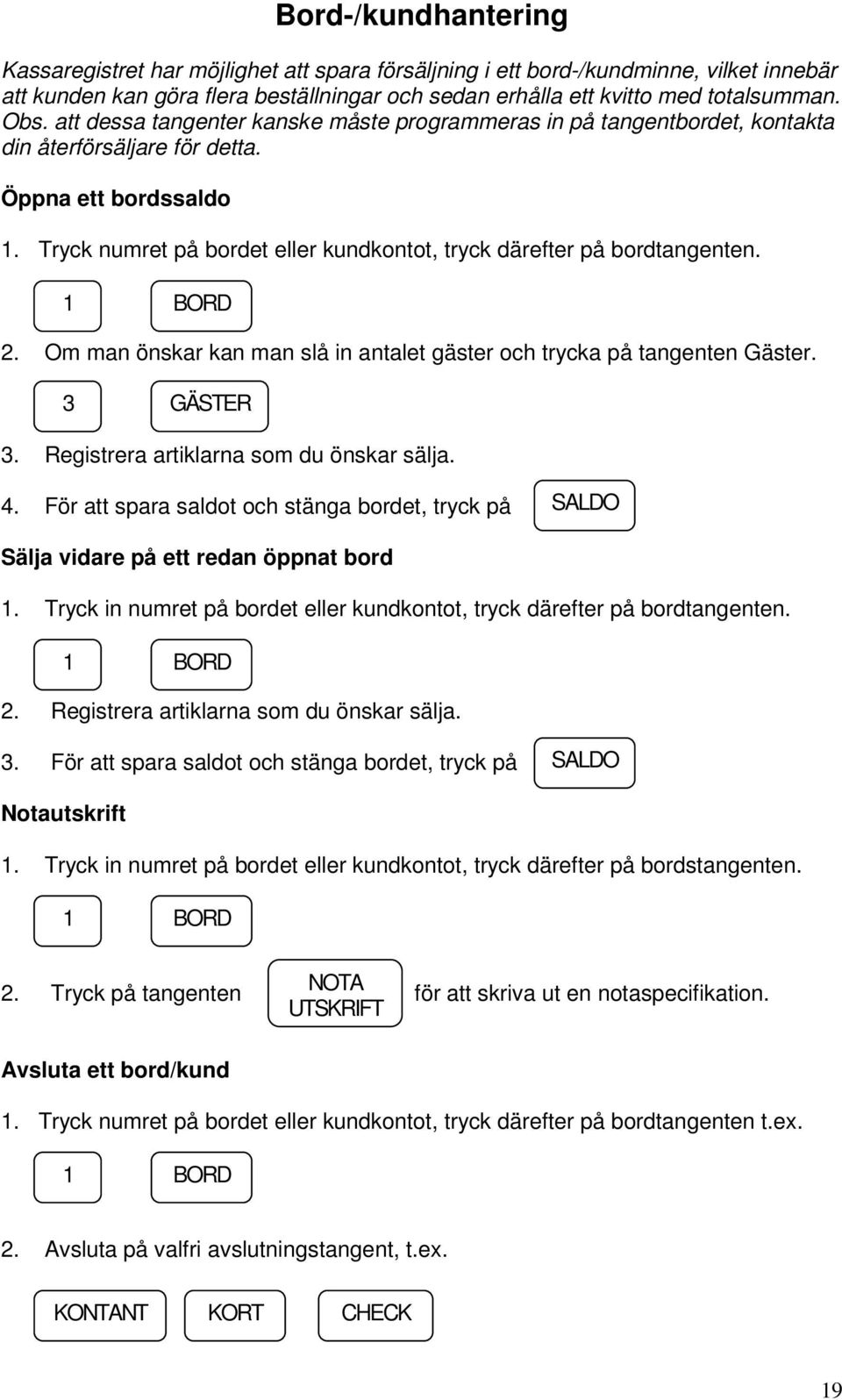 Tryck numret på bordet eller kundkontot, tryck därefter på bordtangenten. 1 BORD 2. Om man önskar kan man slå in antalet gäster och trycka på tangenten Gäster. 3 GÄSTER 3.