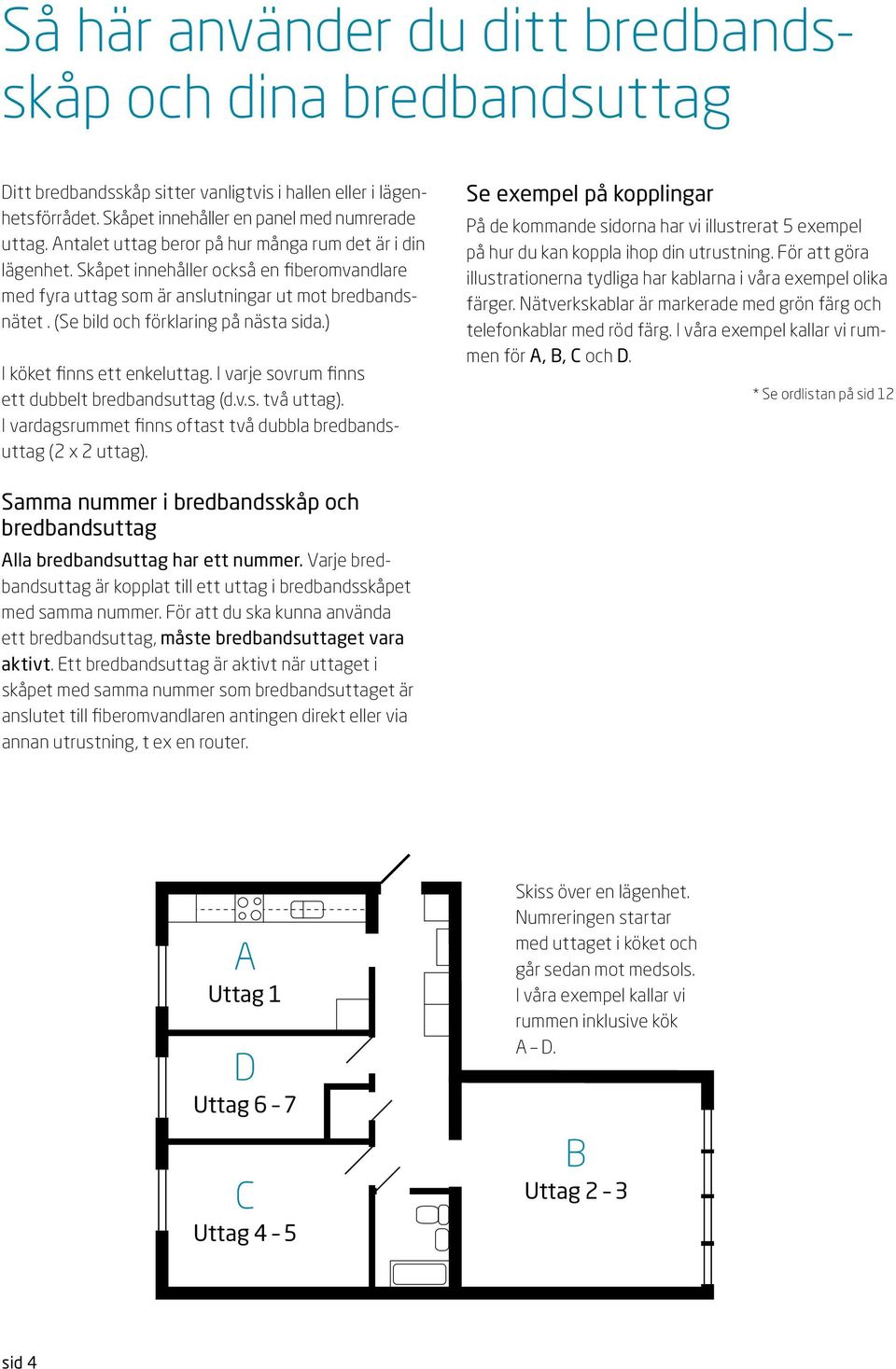 ) I köket finns ett enkeluttag. I varje sovrum finns ett dubbelt bredbandsuttag (d.v.s. två uttag). I vardagsrummet finns oftast två dubbla bredbandsuttag ( x uttag).