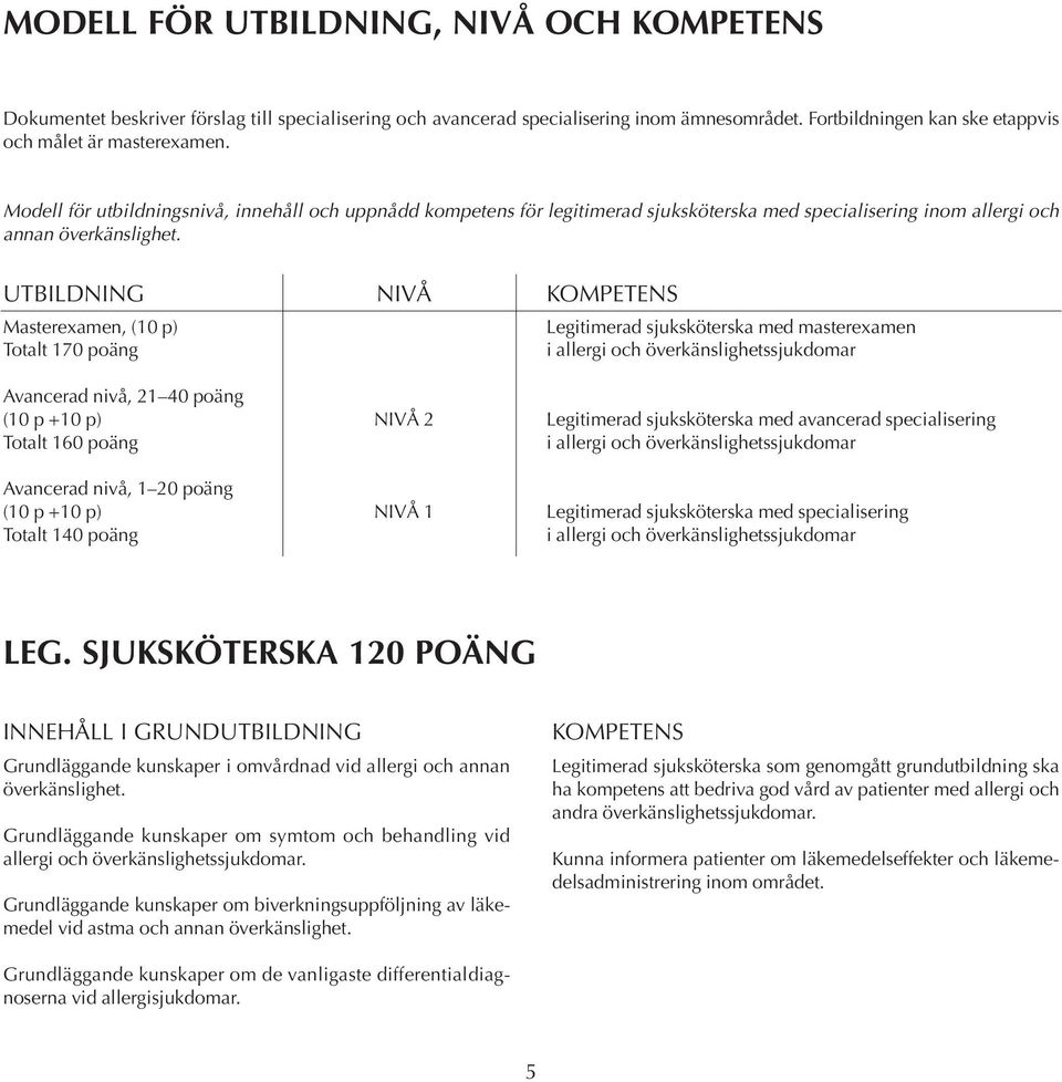 UTBILDNING NIVÅ KOMPETENS Masterexamen, (10 p) Legitimerad sjuksköterska med masterexamen Totalt 170 poäng i allergi och överkänslighetssjukdomar Avancerad nivå, 21 40 poäng (10 p +10 p) NIVÅ 2