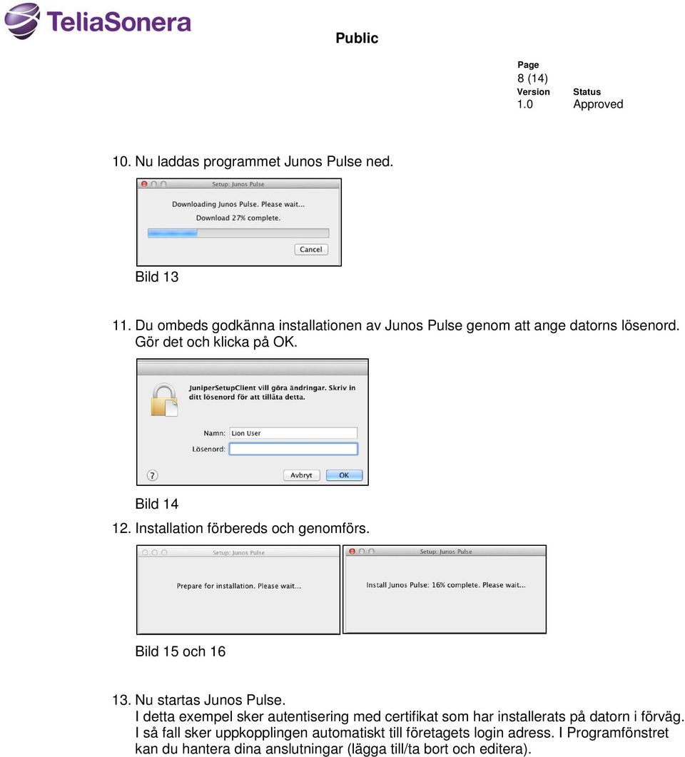 Installation förbereds och genomförs. Bild 15 och 16 13. Nu startas Junos Pulse.