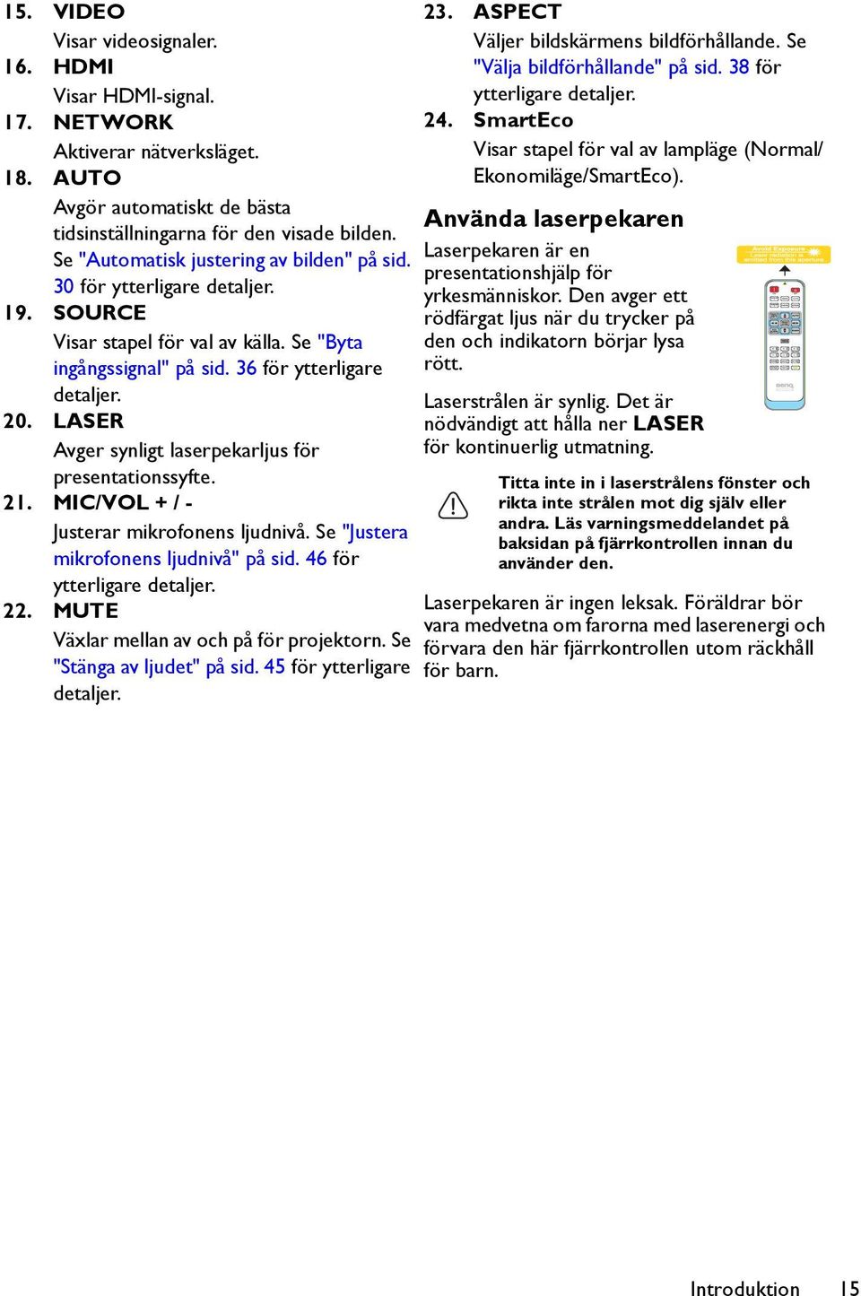 LASER Avger synligt laserpekarljus för presentationssyfte. 21. MIC/VOL + / - Justerar mikrofonens ljudnivå. Se "Justera mikrofonens ljudnivå" på sid. 46 för ytterligare detaljer. 22.