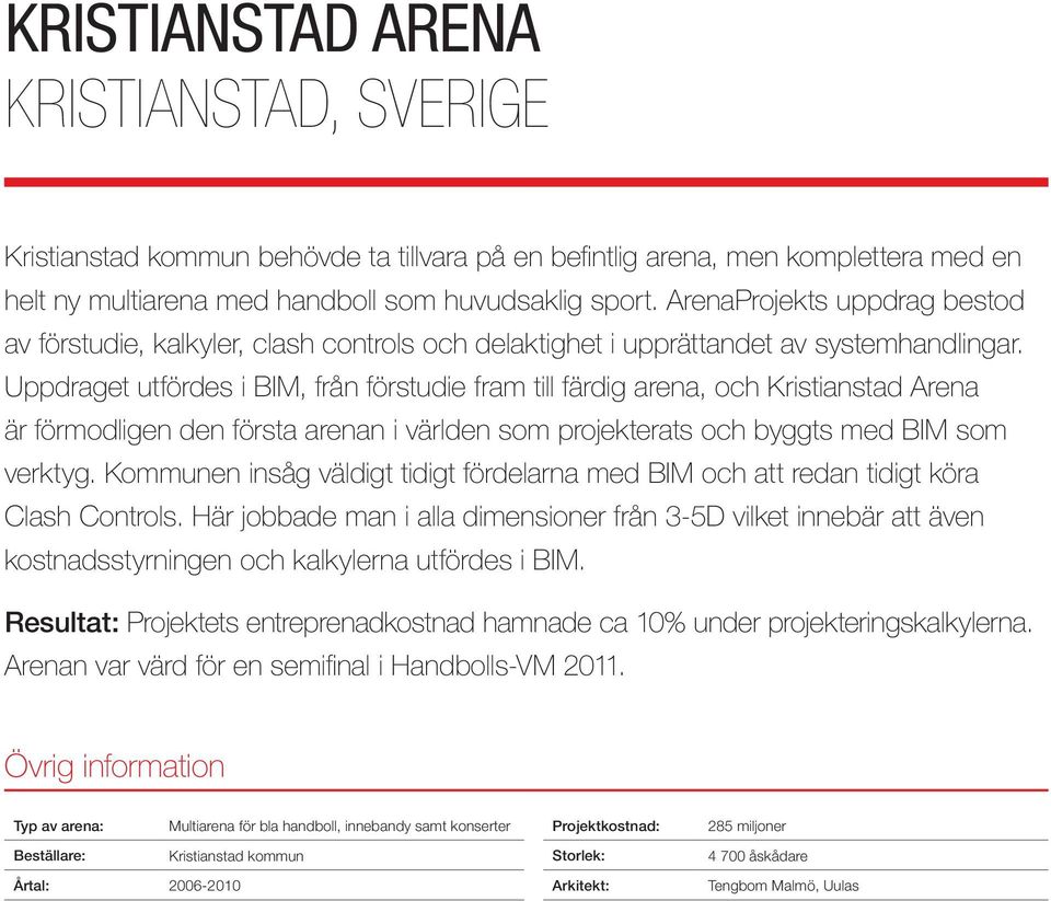 Uppdraget utfördes i BIM, från förstudie fram till färdig arena, och Kristianstad Arena är förmodligen den första arenan i världen som projekterats och byggts med BIM som verktyg.