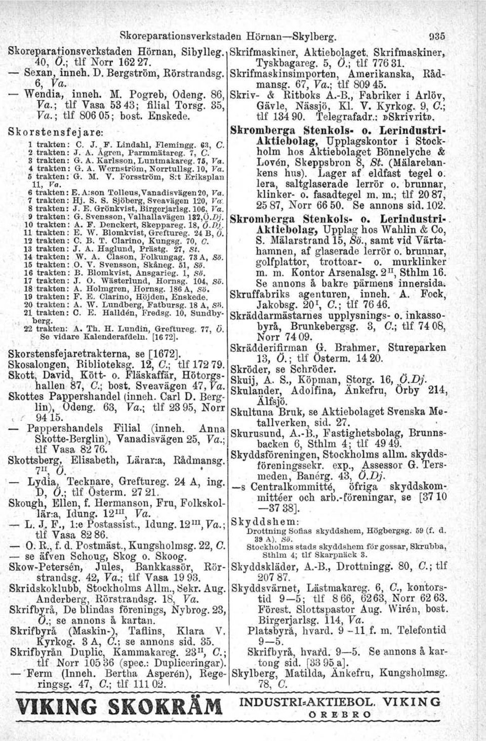 , Fabriker i Arlöv, Va.; tlf Vasa 5343; filial Torsg..35, Gävle, Nässjö, Kl. V. Kyrkog. 9, O.; Va.; tlf 80605; bost, Enskede. tlf 13490. 'I'elegrafadr.:»Skrivrit», Skorstensfejare: Skrombe!