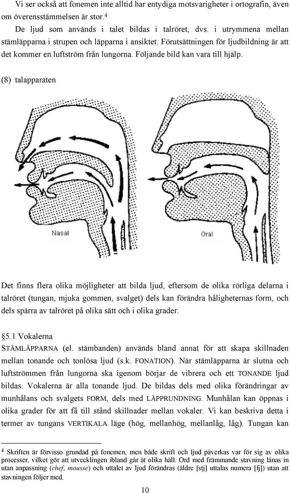 (8) talapparaten Det finns flera olika möjligheter att bilda ljud, eftersom de olika rörliga delarna i talröret (tungan, mjuka gommen, svalget) dels kan förändra håligheternas form, och dels spärra