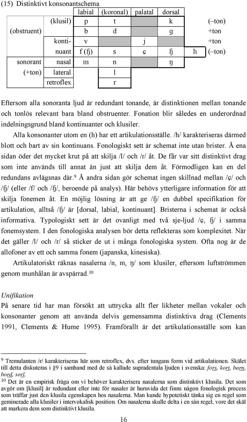 Fonation blir således en underordnad indelningsgrund bland kontinuanter och klusiler. Alla konsonanter utom en (h) har ett artikulationsställe.