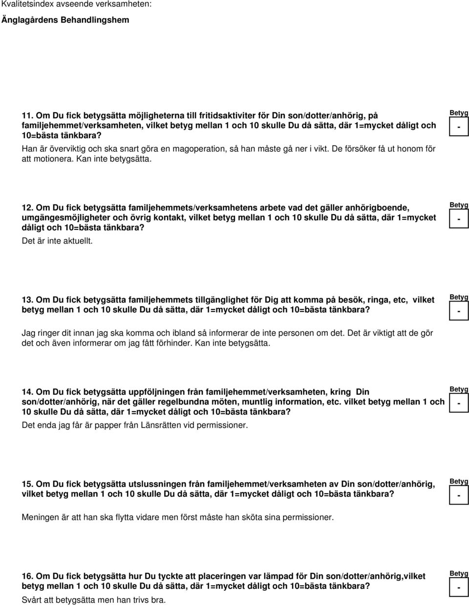 Om Du fick betygsätta familjehemmets/verksamhetens arbete vad det gäller anhörigboende, umgängesmöjligheter och övrig kontakt, vilket betyg mellan 1 och 10 skulle Du då sätta, där 1=mycket dåligt och