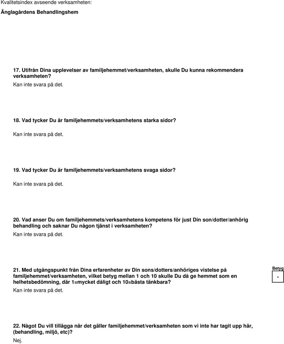 Vad anser Du om familjehemmets/verksamhetens kompetens för just Din son/dotter/anhörig behandling och saknar Du någon tjänst i verksamheten? Kan inte svara på det. 21.