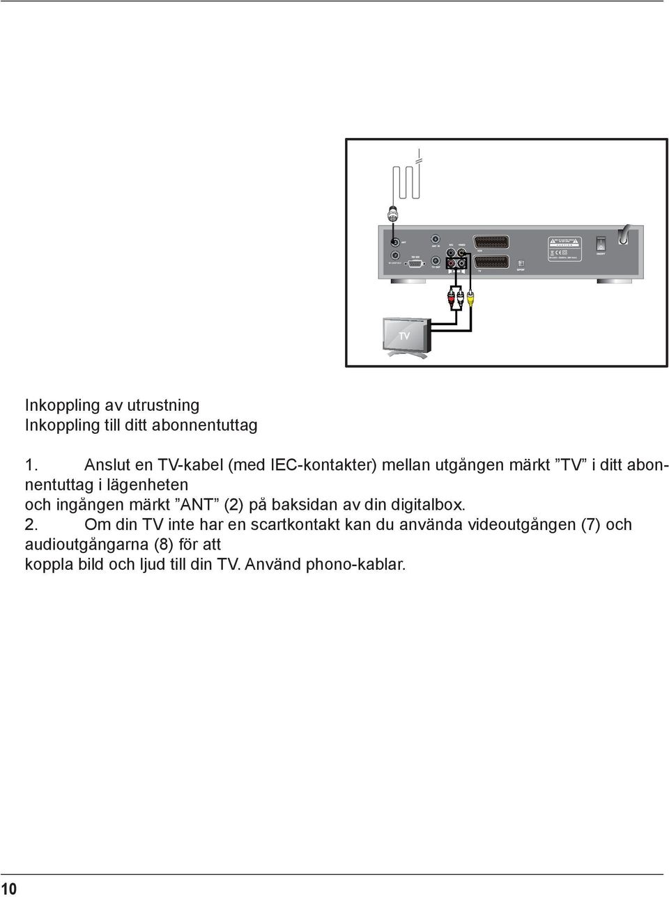 Connect one end of RF cable to the ANT IN on the back of the STB and the other end to a terrestrial antenna connection or the jack for the public antenna on the wall. 3.