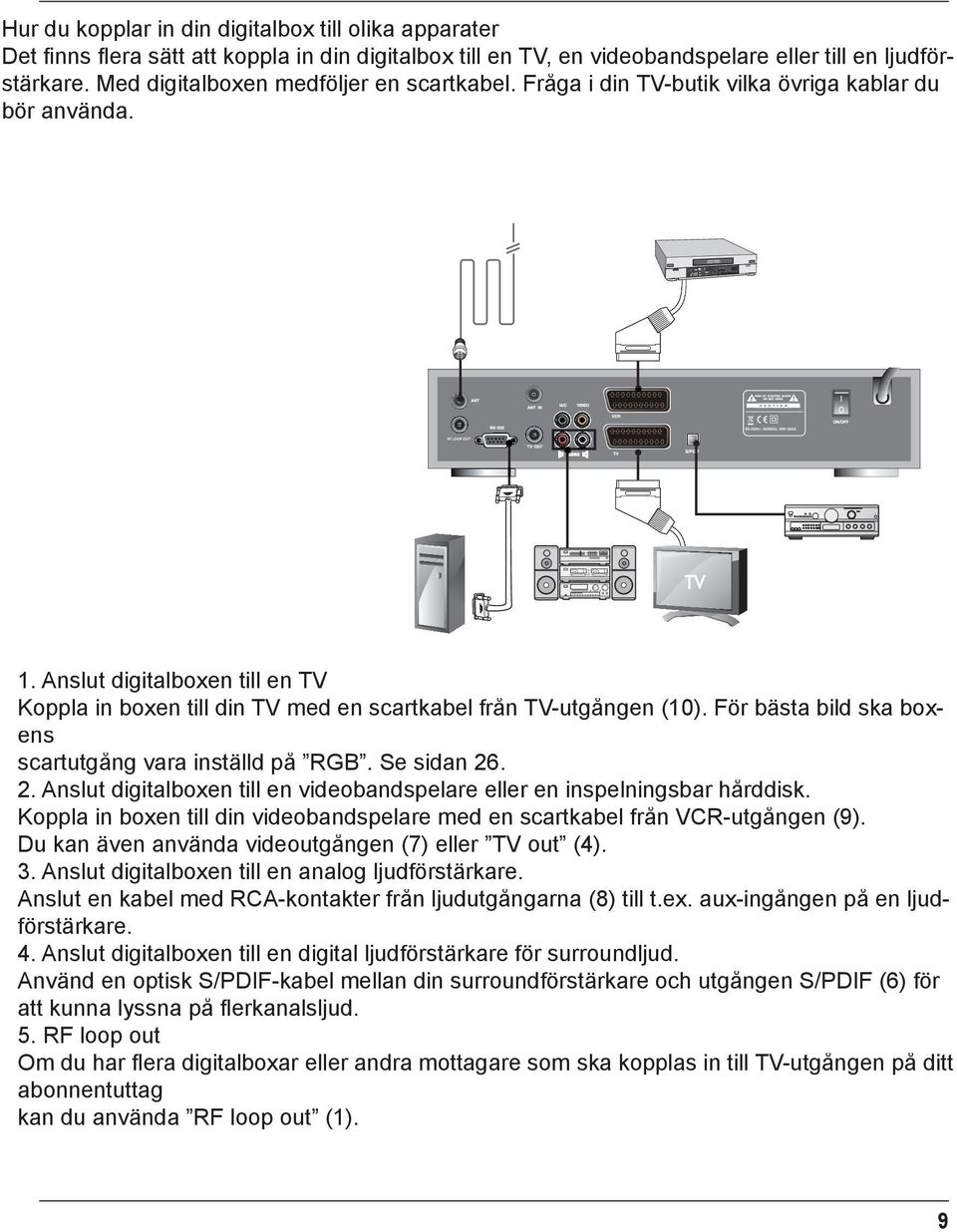 Anslut digitalboxen till en TV Koppla in boxen till din TV med en scartkabel från TV-utgången (10). För bästa bild ska box- ens scartutgång vara inställd på RGB. Se sidan 26