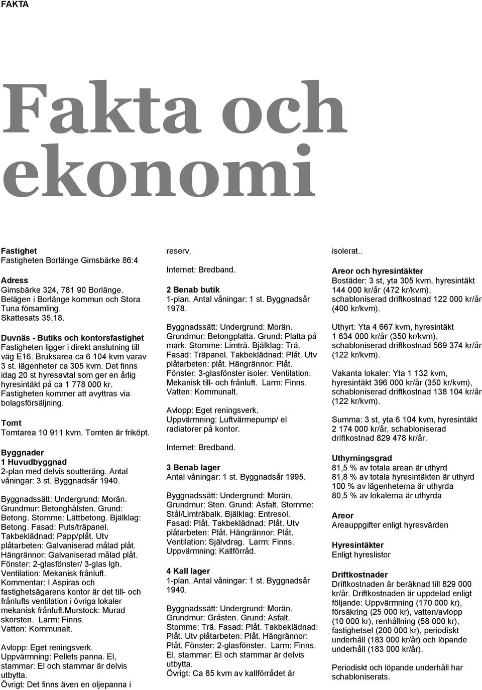 Det finns idag 20 st hyresavtal som ger en årlig hyresintäkt på ca 1 778 000 kr. Fastigheten kommer att avyttras via bolagsförsäljning. Tomt Tomtarea 10 911 kvm. Tomten är friköpt.