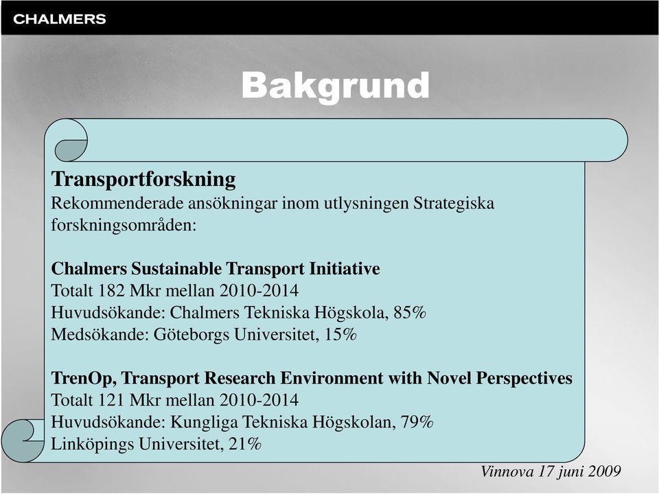 Medsökande: Göteborgs Universitet, 15% TrenOp, Transport Research Environment with Novel Perspectives Totalt 121