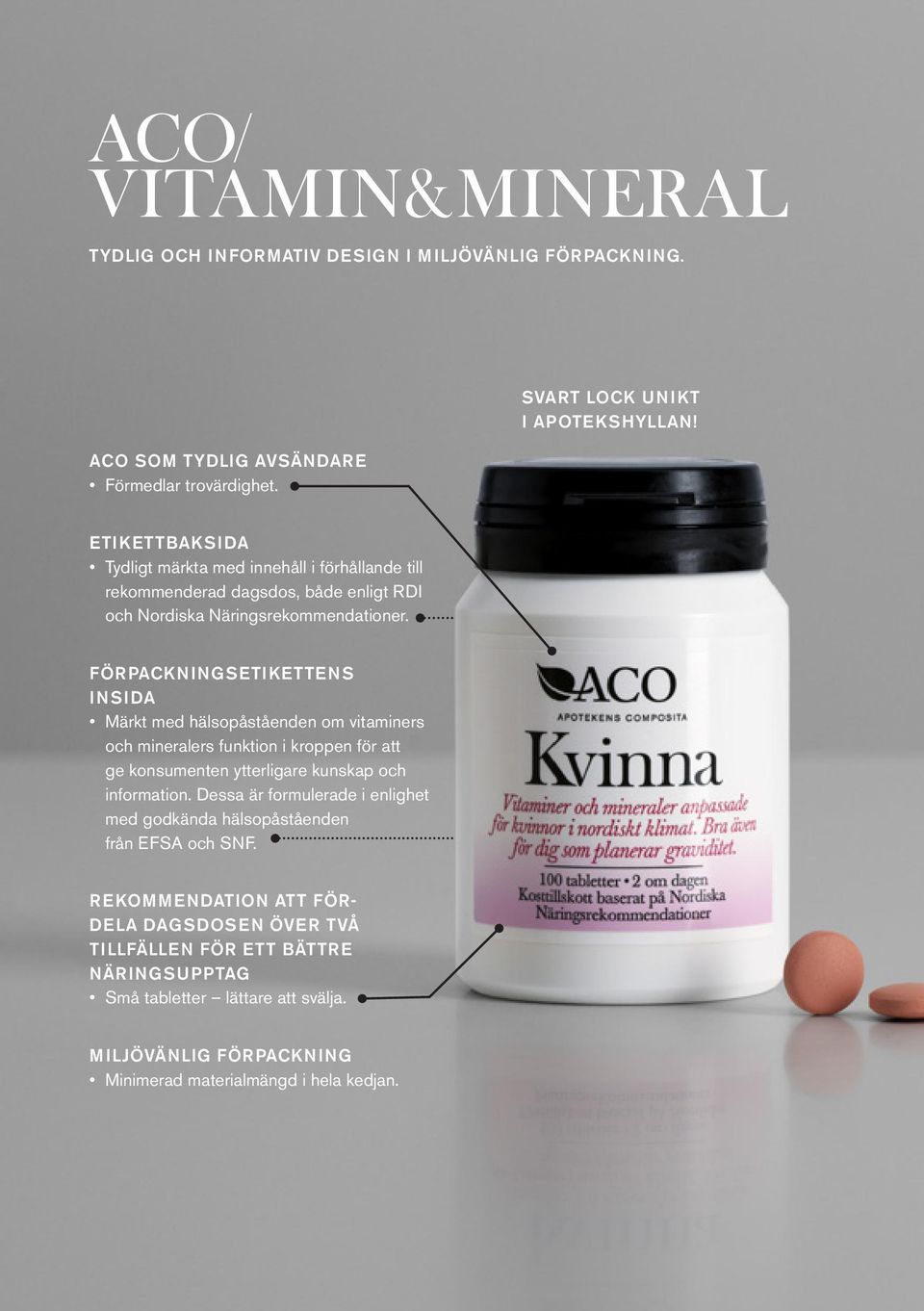Förpackningsetikettens insida Märkt med hälsopåståenden om vitaminers och mineralers funktion i kroppen för att ge konsumenten ytterligare kunskap och information.