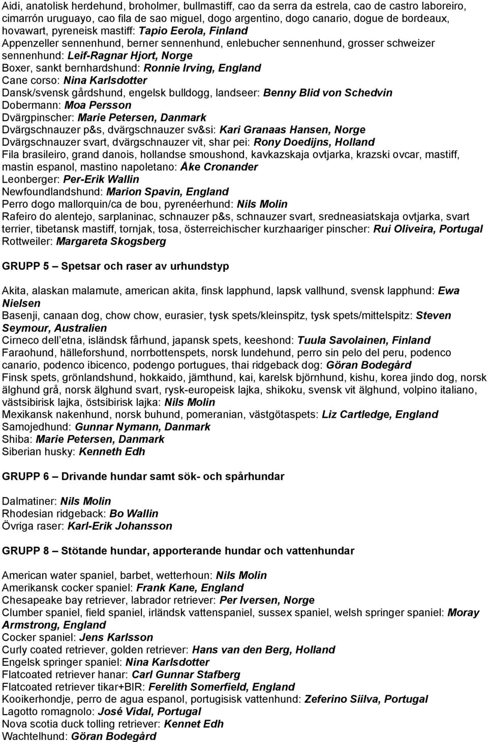 Ronnie Irving, England Cane corso: Nina Karlsdotter Dansk/svensk gårdshund, engelsk bulldogg, landseer: Benny Blid von Schedvin Dobermann: Moa Persson Dvärgpinscher: Marie Petersen, Danmark