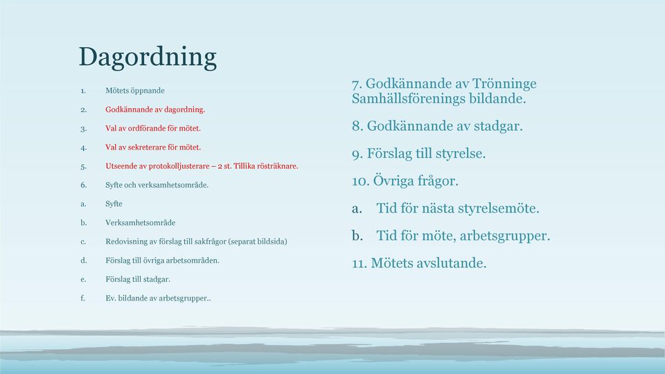 Redovisning av förslag till sakfrågor (separat bildsida) d. Förslag till övriga arbetsområden. e. Förslag till stadgar. 7.