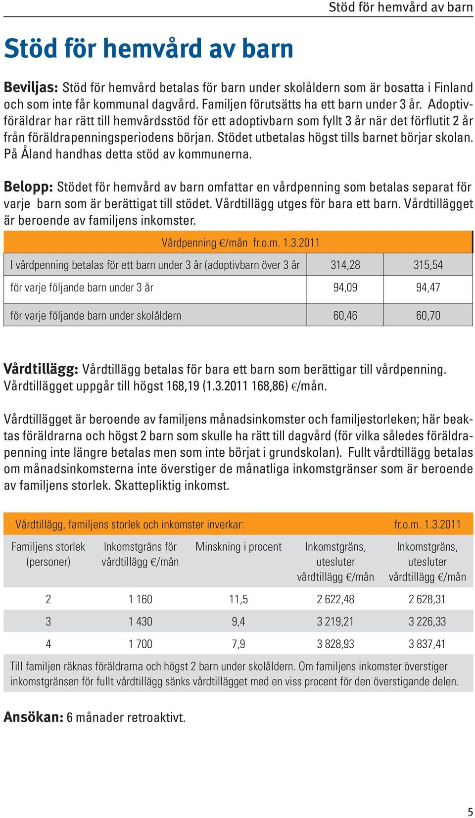 Stödet utbetalas högst tills barnet börjar skolan. På Åland handhas detta stöd av kommunerna.