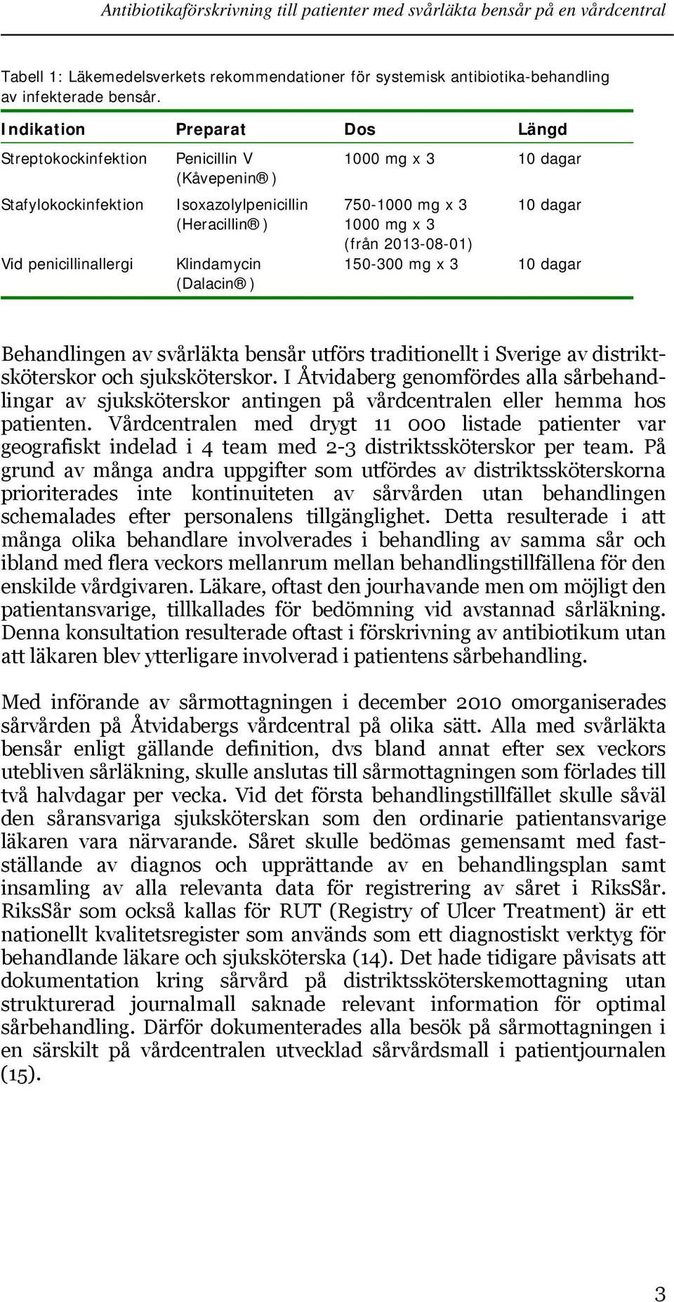 750-1000 mg x 3 10 dagar 1000 mg x 3 (från 2013-08-01) 150-300 mg x 3 10 dagar Behandlingen av svårläkta bensår utförs traditionellt i Sverige av distriktsköterskor och sjuksköterskor.