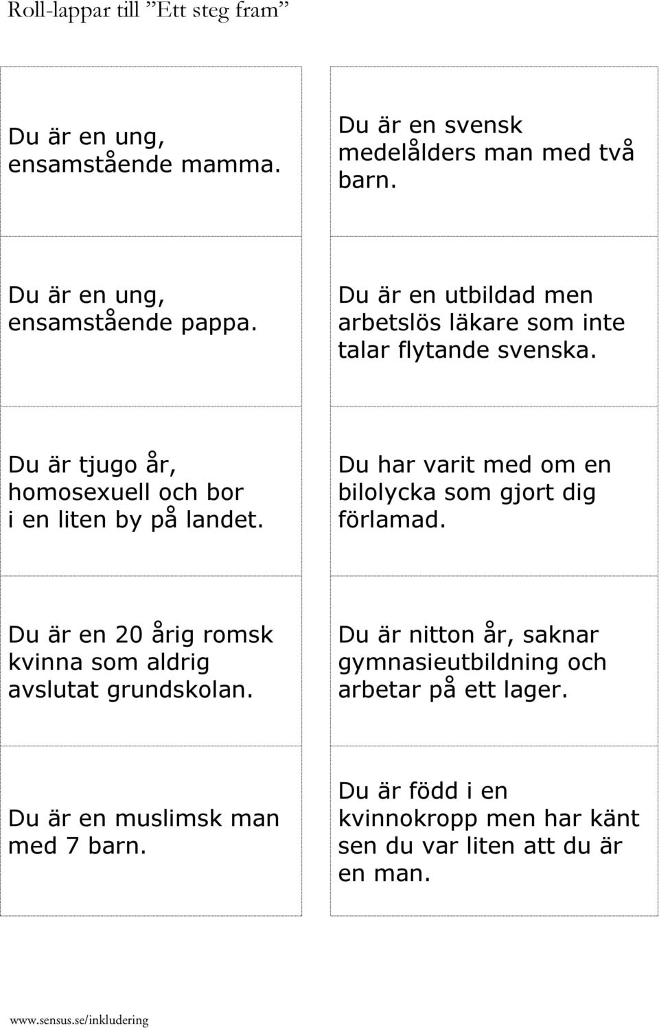 Du har varit med om en bilolycka som gjort dig förlamad. Du är en 20 årig romsk kvinna som aldrig avslutat grundskolan.