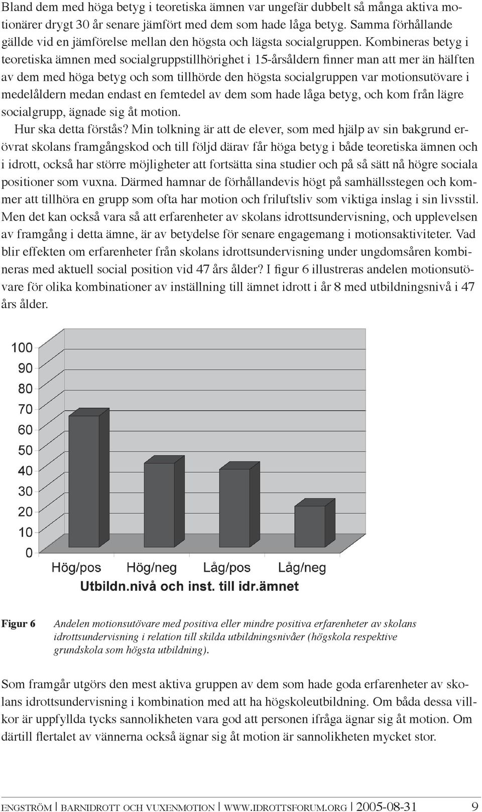 Kombineras betyg i teoretiska ämnen med socialgruppstillhörighet i 15-årsåldern finner man att mer än hälften av dem med höga betyg och som tillhörde den högsta socialgruppen var motionsutövare i