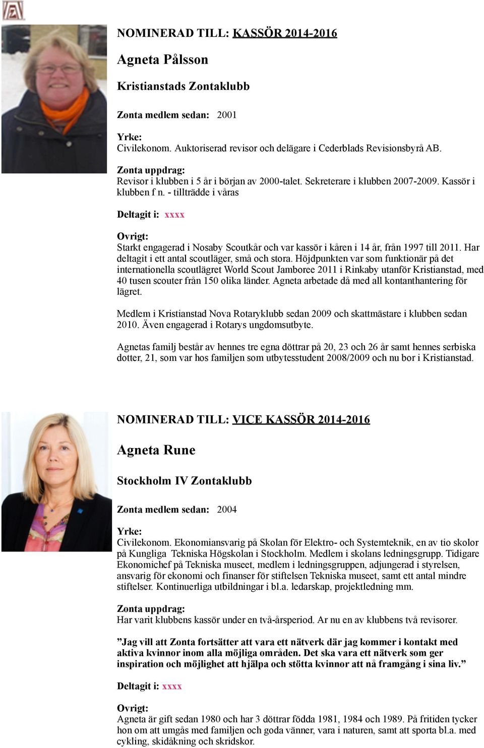 - tillträdde i våras xxxx Starkt engagerad i Nosaby Scoutkår och var kassör i kåren i 14 år, från 1997 till 2011. Har deltagit i ett antal scoutläger, små och stora.