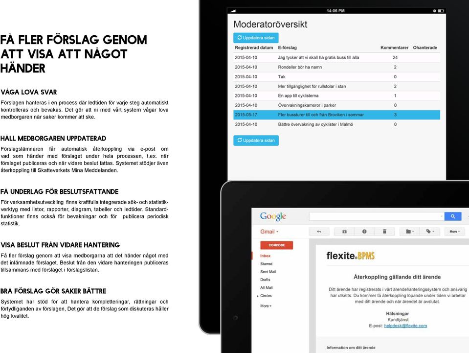 Håll medborgaren uppdaterad Förslagslämnaren får automatisk återkoppling via e-post om vad som händer med förslaget under hela processen, t.ex. när förslaget publiceras och när vidare beslut fattas.