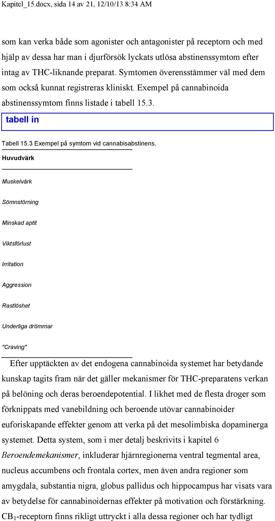 THC-liknande preparat. Symtomen överensstämmer väl med dem som också kunnat registreras kliniskt. Exempel på cannabinoida abstinenssymtom finns listade i tabell 15.3. tabell in Tabell 15.