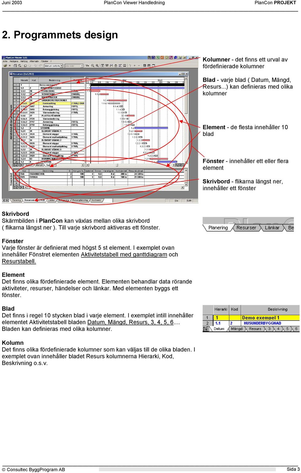 i PlanCon kan växlas mellan olika skrivbord ( flikarna längst ner ). Till varje skrivbord aktiveras ett fönster. Fönster Varje fönster är definierat med högst 5 st element.