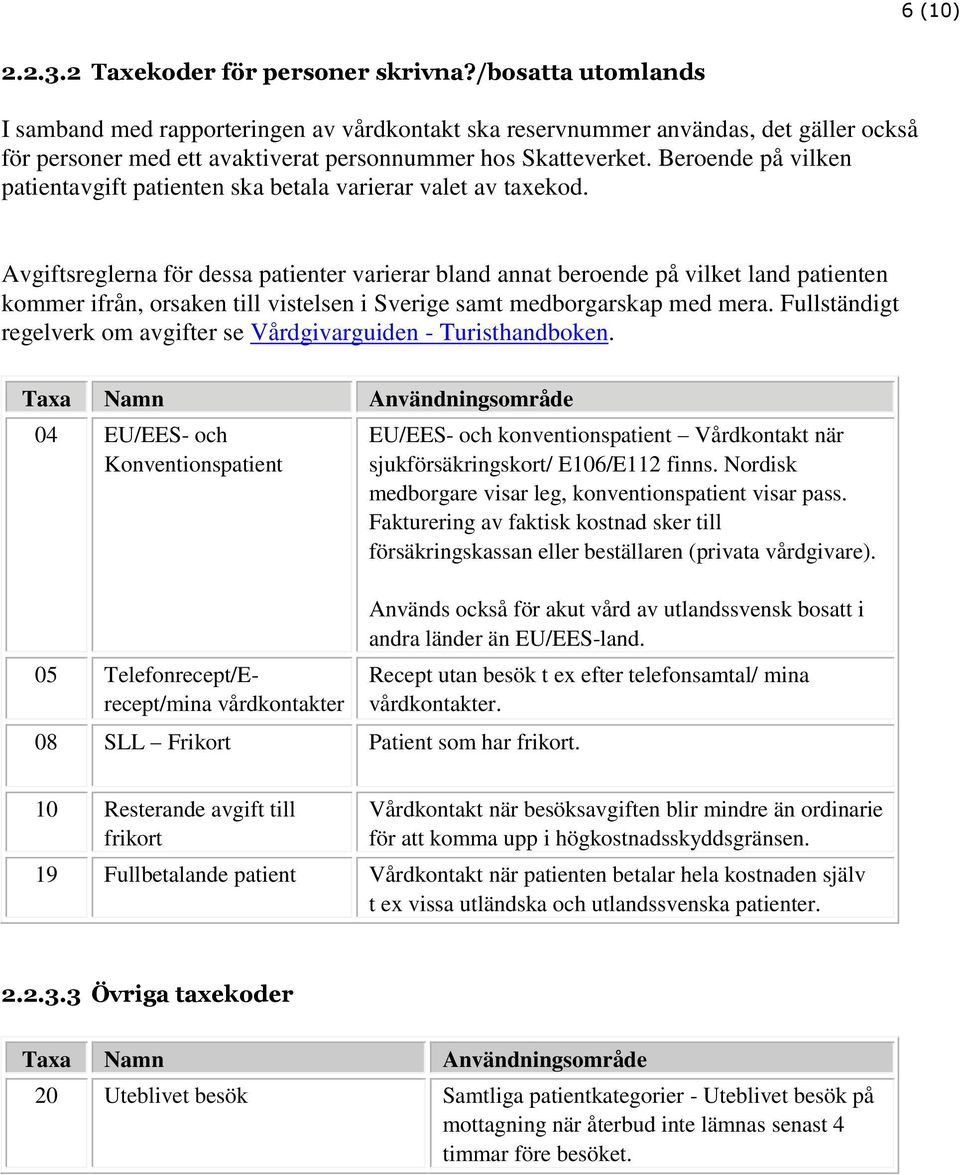 Beroende på vilken patientavgift patienten ska betala varierar valet av taxekod.