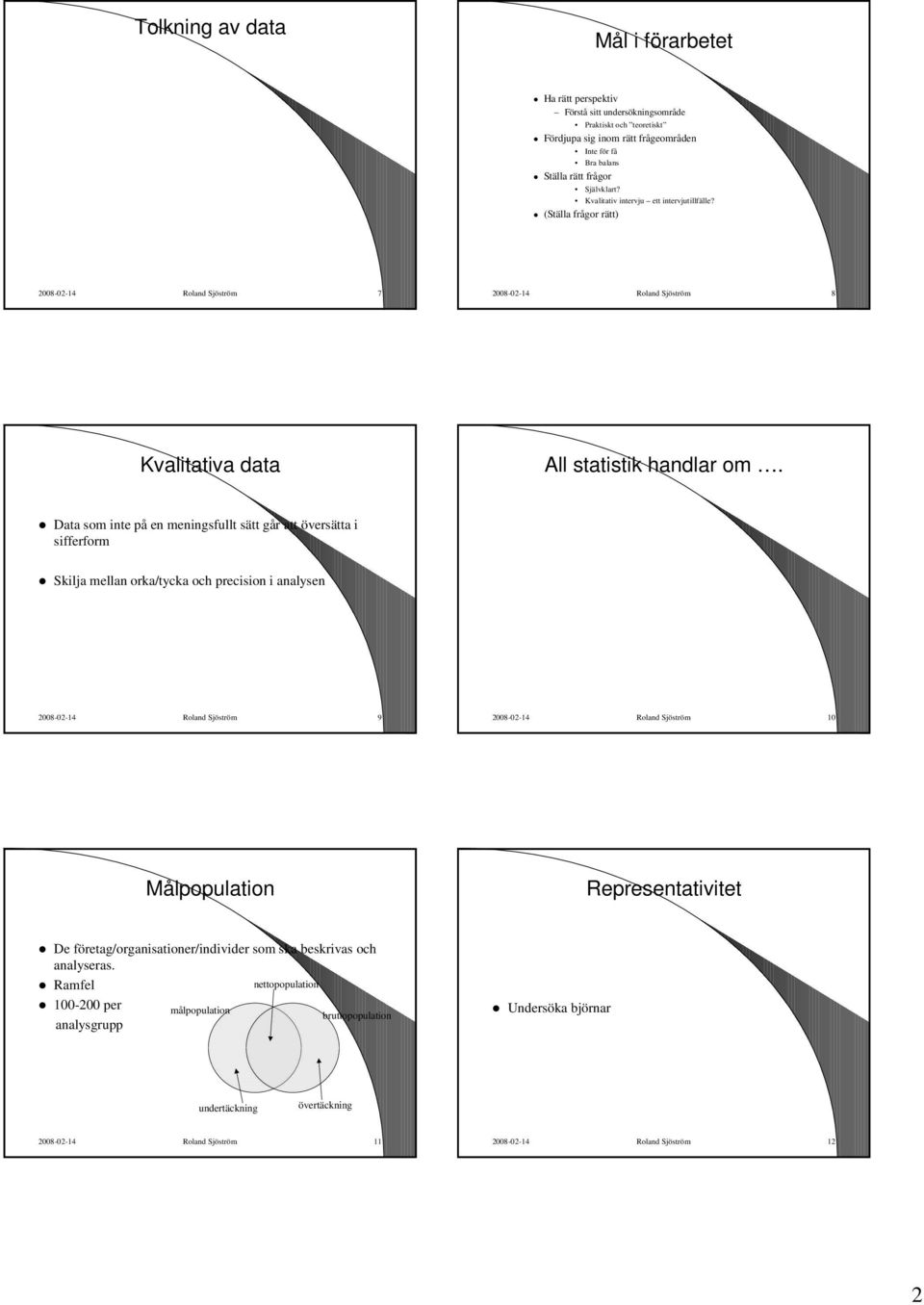 Data som inte på en meningsfullt sätt går att översätta i sifferform Skilja mellan orka/tycka och precision i analysen 2008-02-14 Roland Sjöström 9 2008-02-14 Roland Sjöström 10 Målpopulation
