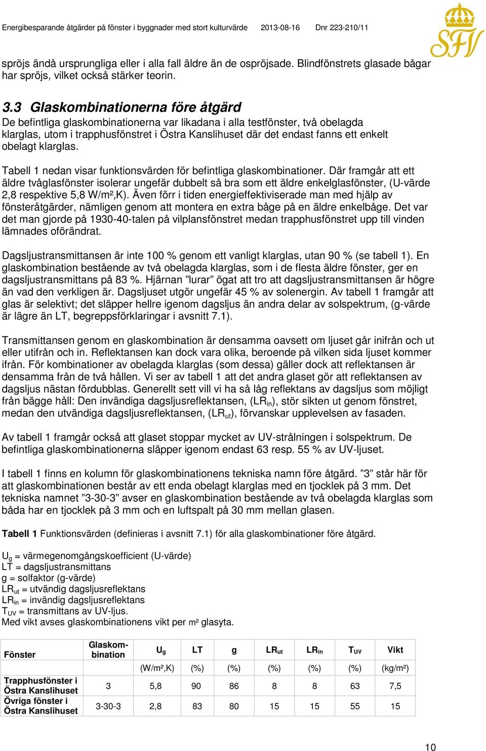 obelagt klarglas. Tabell 1 nedan visar funktionsvärden för befintliga glaskombinationer.