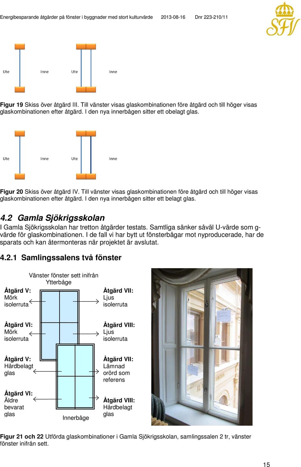 2 Gamla Sjökrigsskolan I Gamla Sjökrigsskolan har tretton åtgärder testats. Samtliga sänker såväl U-värde som g- värde för glaskombinationen.