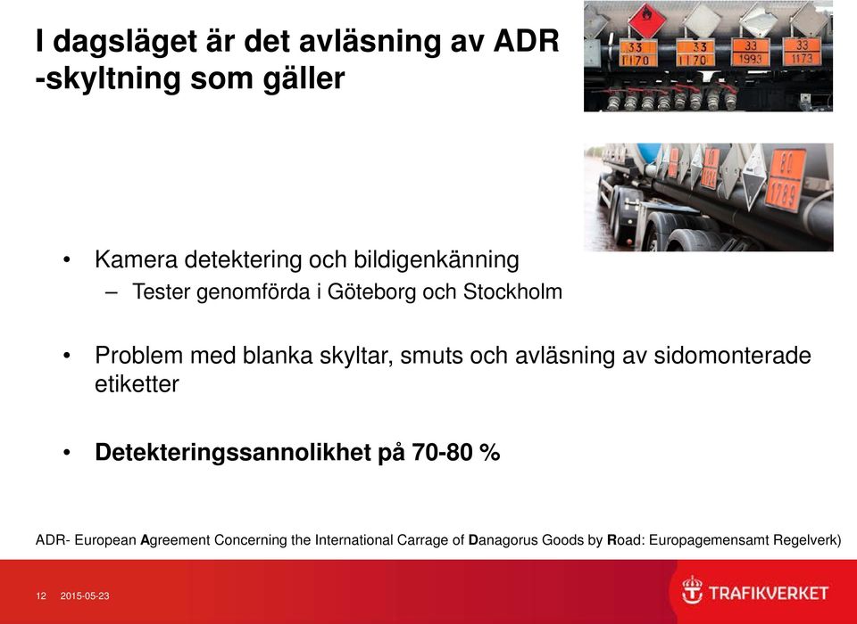 och avläsning av sidomonterade etiketter Detekteringssannolikhet på 70-80 % ADR- European