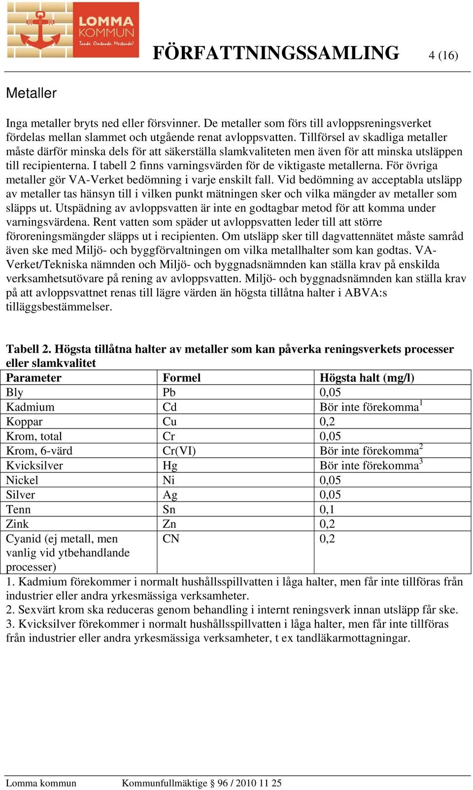 I tabell 2 finns varningsvärden för de viktigaste metallerna. För övriga metaller gör VA-Verket bedömning i varje enskilt fall.