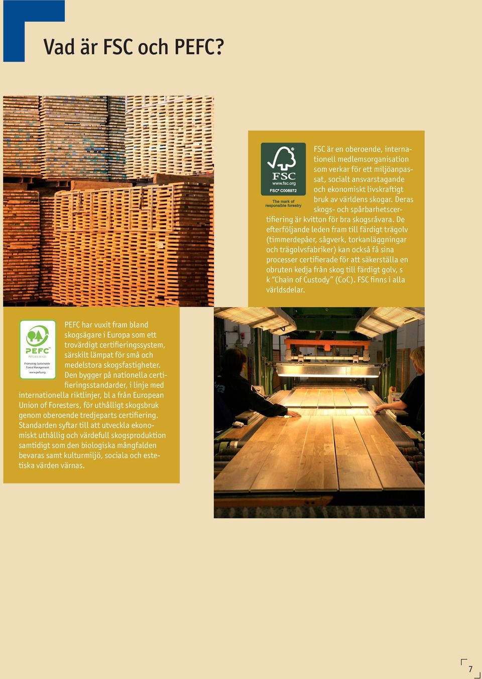 De efterföljande leden fram till färdigt trägolv (timmerdepåer, sågverk, torkanläggningar och trägolvsfabriker) kan också få sina processer certifierade för att säkerställa en obruten kedja från skog