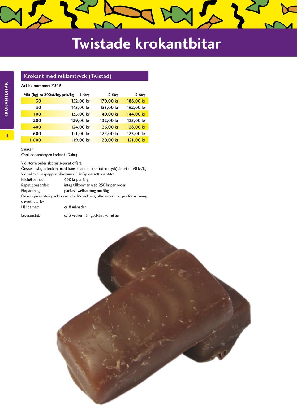 Chokladöverdragen krokant (Daim) Önskas inslagna krokant med transparant papper (utan tryck) är priset 90 kr/kg. Vid val av silverpapper tillkommer 2 kr/kg oavsett kvantitet.