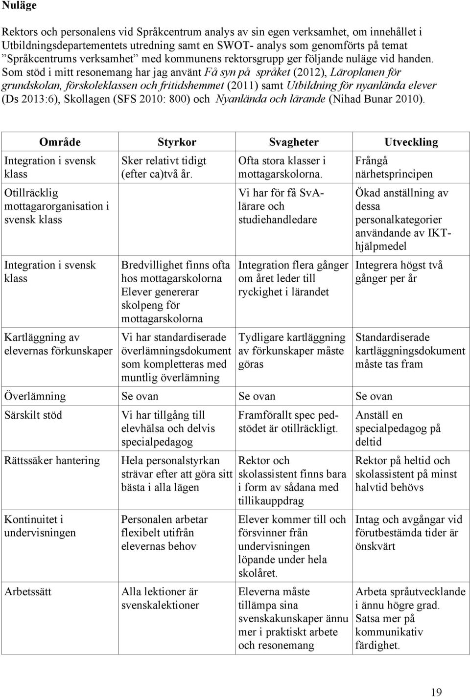 Som stöd i mitt resonemang har jag använt Få syn på språket (2012), Läroplanen för grundskolan, förskoleklassen och fritidshemmet (2011) samt Utbildning för nyanlända elever (Ds 2013:6), Skollagen