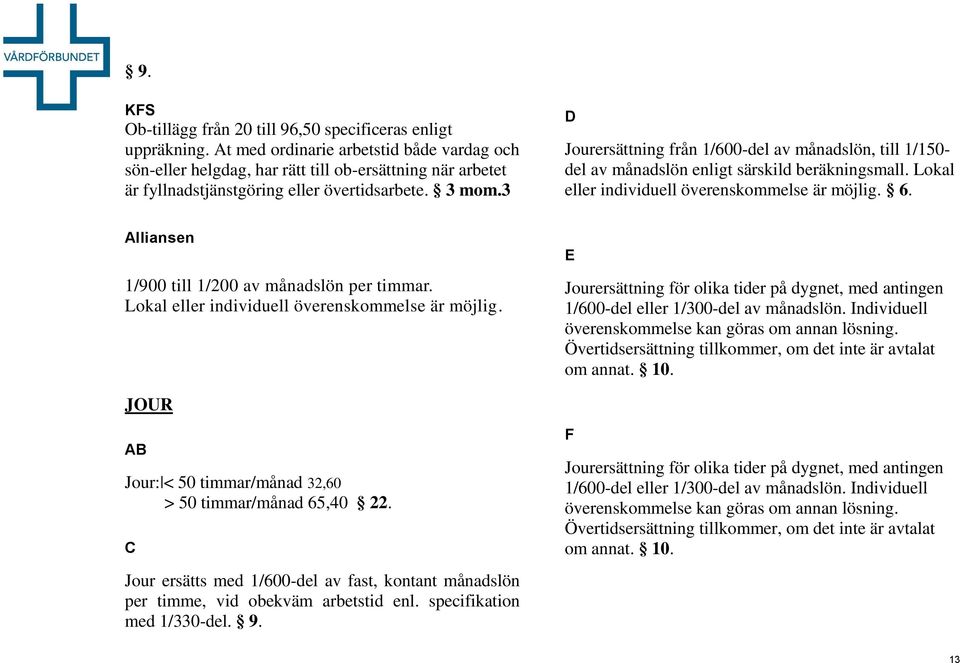 3 Jourersättning från 1/600-del av månadslön, till 1/150- del av månadslön enligt särskild beräkningsmall. Lokal eller individuell överenskommelse är möjlig. 6.