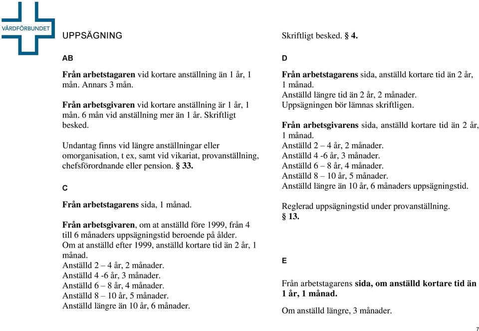 rån arbetsgivaren, om at anställd före 1999, från 4 till 6 månaders uppsägningstid beroende på ålder. Om at anställd efter 1999, anställd kortare tid än 2 år, 1 månad. Anställd 2 4 år, 2 månader.