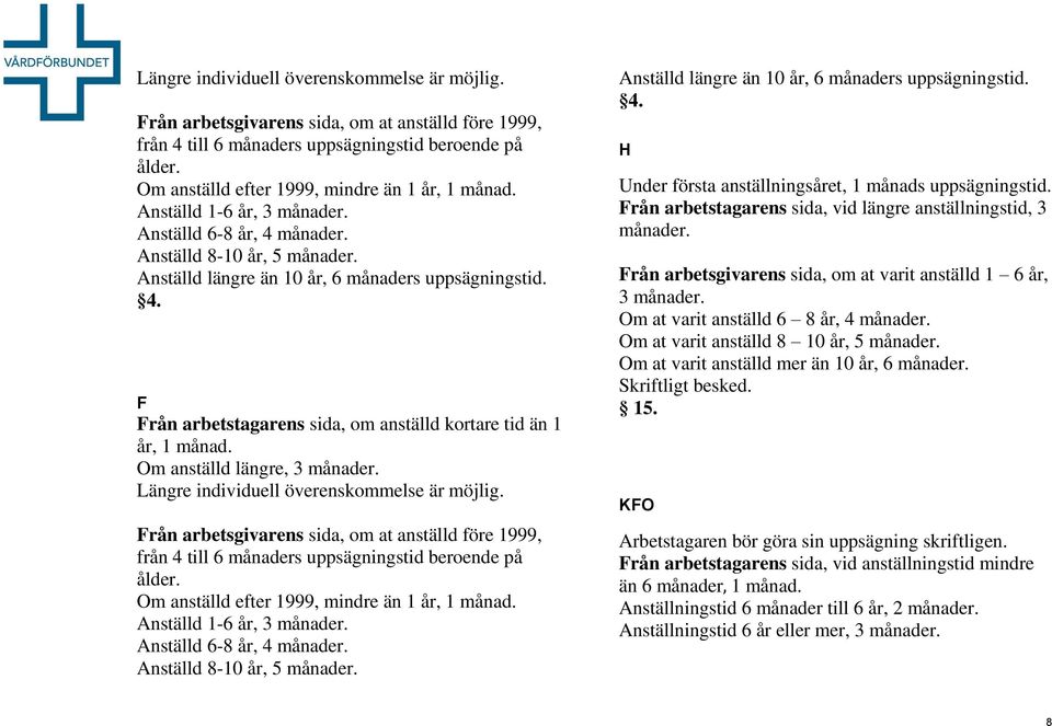 Om anställd längre, 3 månader.  Om anställd efter 1999, mindre än 1 år, 1 månad. Anställd 1-6 år, 3 månader. Anställd 6-8 år, 4 månader. Anställd 8-10 år, 5 månader.