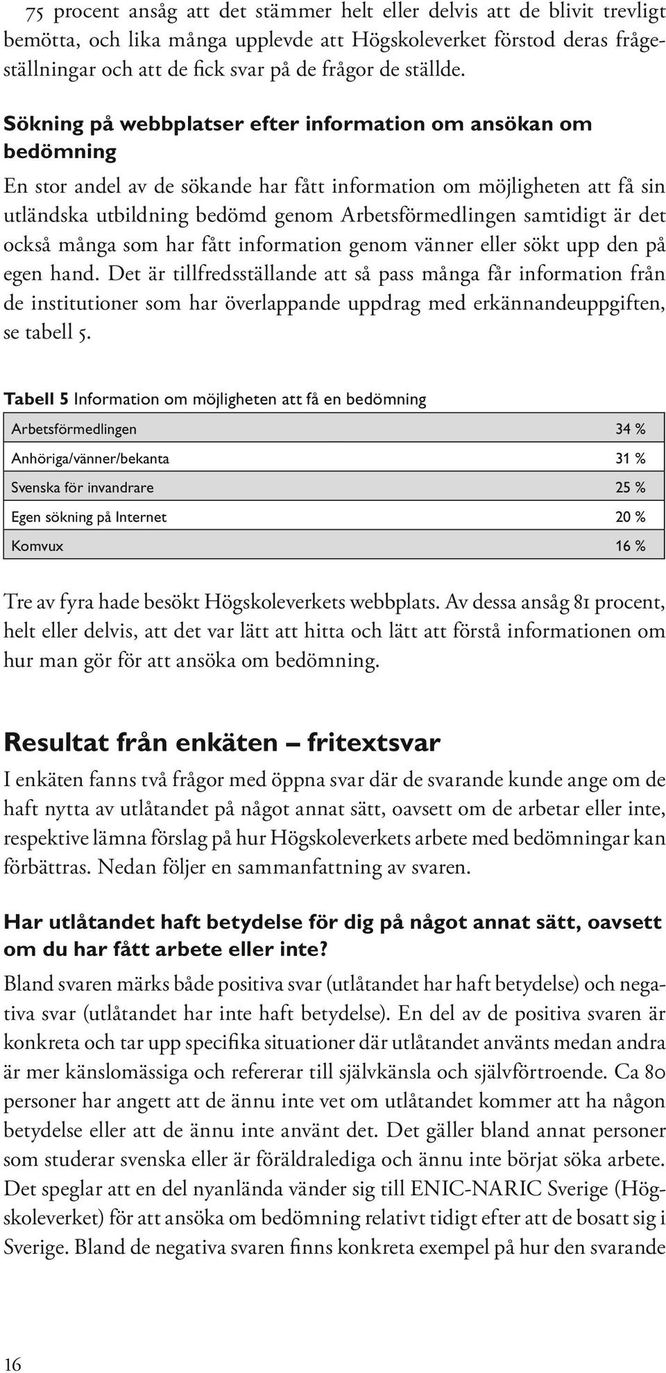 Sökning på webbplatser efter information om ansökan om bedömning En stor andel av de sökande har fått information om möjligheten att få sin utländska utbildning bedömd genom Arbetsförmedlingen