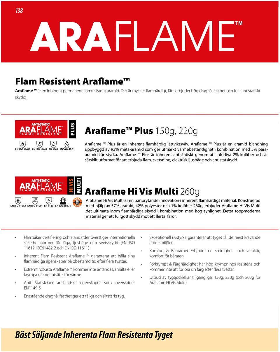 Araflame Plus är en aramid blandning uppbyggd av 93% meta-aramid som ger utmärkt värmebeständighet i kombination med 5% paraaramid för styrka.