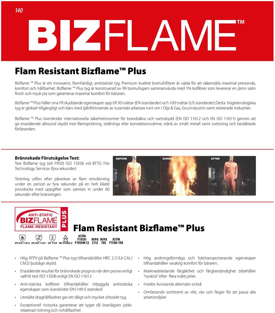 Bizflame Plus tyg är konstruerad av 99 bomullsgarn sammanvävda med 1% kolfibrer som levererar en jämn satin finish och mjuk yta som garanterar maximal komfort för bäraren.